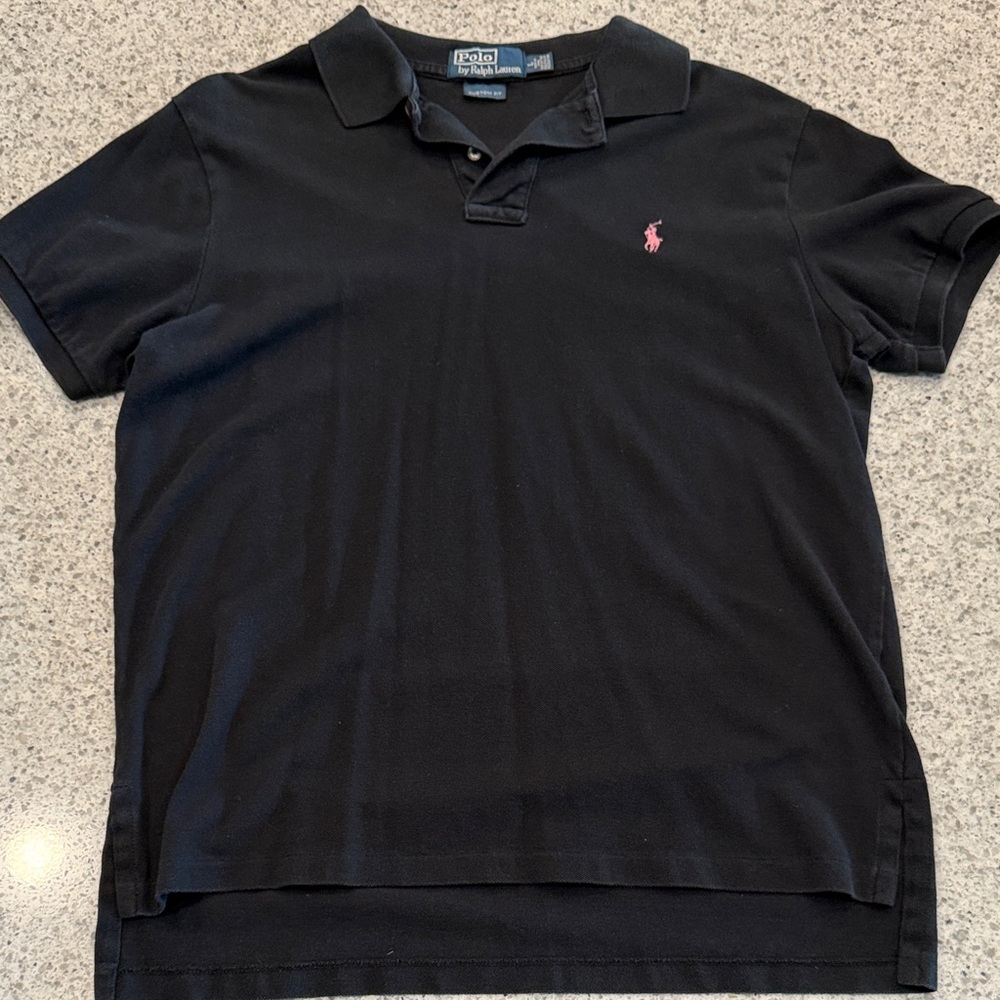 Men’s Polo Ralph Lauren Black Polo Shirt with Pink Logo Size Large